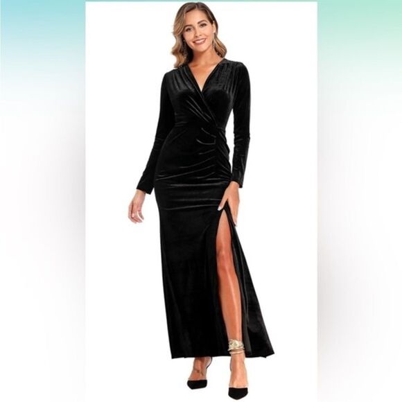 Babalet Velvet‎ Dress Long Sleeve V Neck Ruched Bodycon Wrap Evening Dress M - Picture 1 of 8